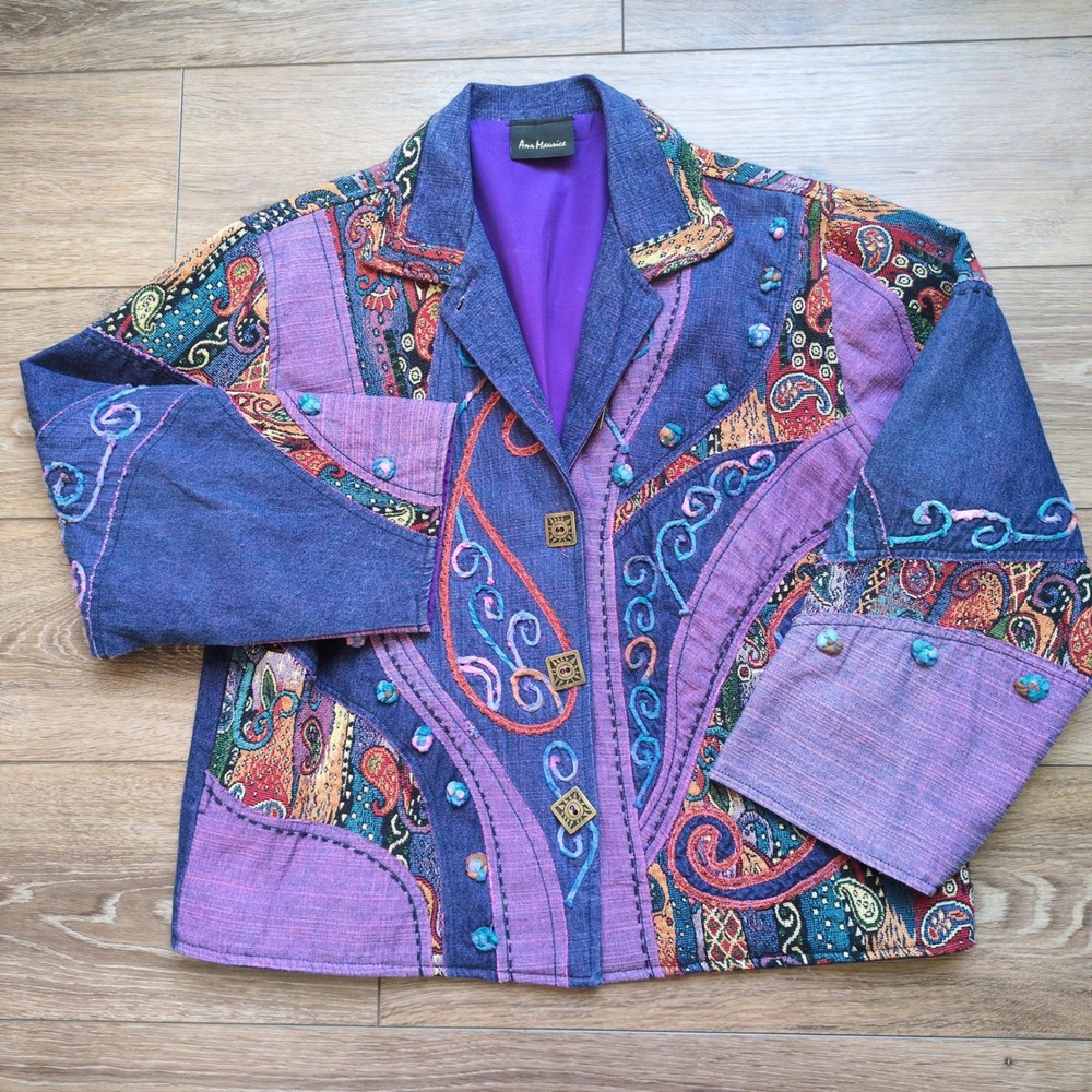 Vtg 90s Ann Maurice Blazer Jacket Purple Tapestry Boho Artsy Teacher Lagenlook
